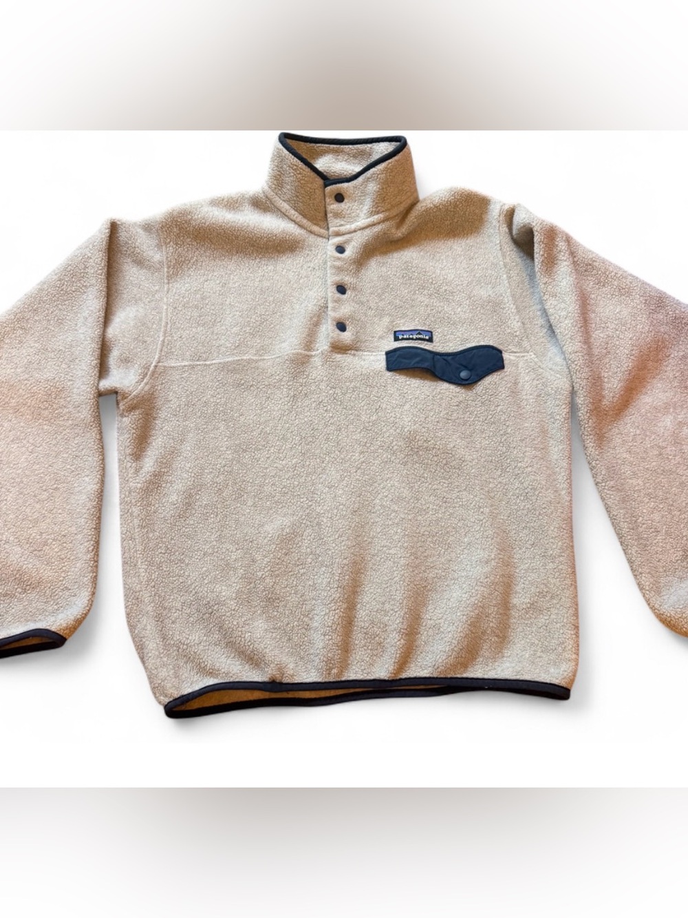 Vintage Patagonia Men’s Fleece Snap-Up Pullover in Beige with Navy Trim